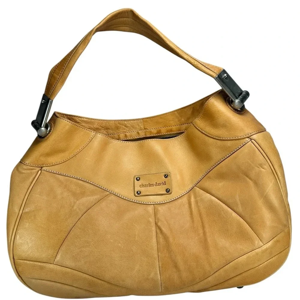 Charles David Camel Brown Leather Large Hobo Handbag Purse